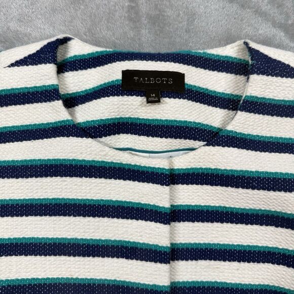 Talbots Striped Fringe Jacket Women’s 14 White Teal Blue Cotton Office Chic - Picture 4 of 14